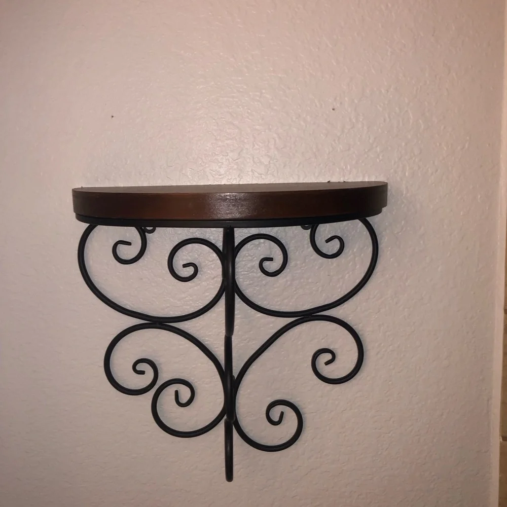Decorative Wall Shelf with Black Scroll Bracket and Brown Wood Top